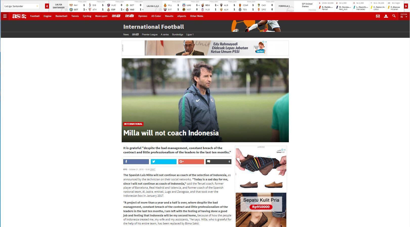 Pemecatan Luis Milla disorot media Spanyol. Copyright: AS