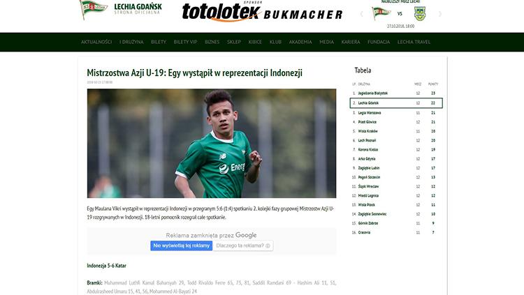 Media resmi, Lechia Gdansk turut mengomentari permainan Egy bersama Timnas Indonesia U-19 Copyright: http://lechia.pl