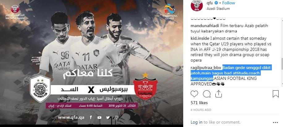 Netizen Indonesia menyerang akun instagram Federasi Sepak Bola Qatar. Copyright: instagram/qfa