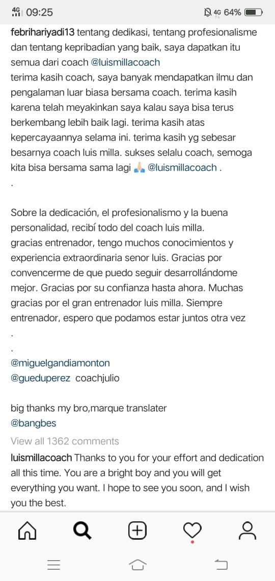 Luis Milla membalas pesan Febri Haryadi di instagram Febri Copyright: Instagram/@febrihariyadi13