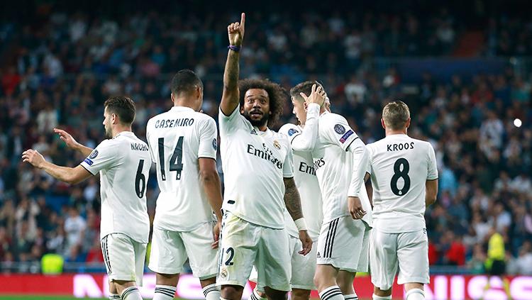 Marcelo berselebrasi usai mencetak gol ke gawang Viktoria Plzen.