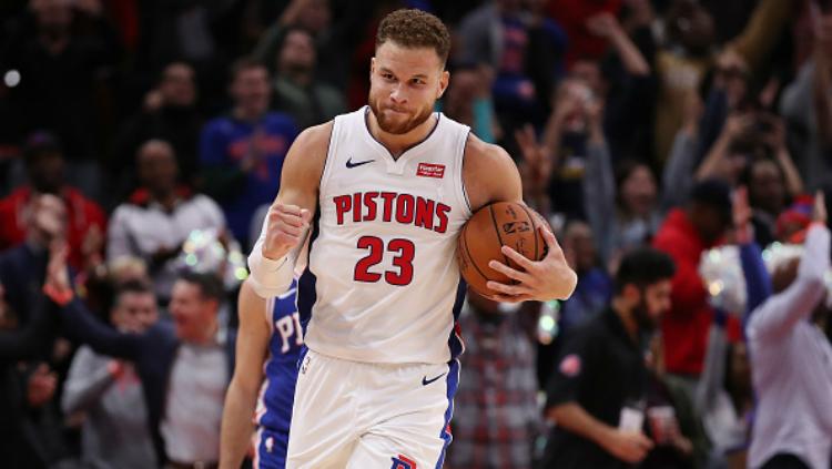 Blake Griffin selebrasi dalam laga NBA Detroit Pistons vs Philadelphia 76ers.