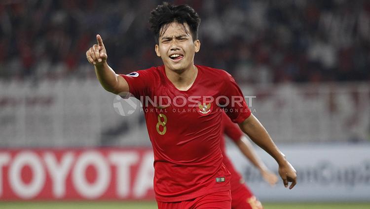 Witan Sulaeman saat berselebrasi selepas mencetak gol ke gawang UEA U-19.