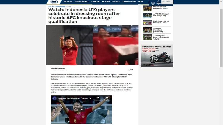 Fox Sport Asia soroti perayaan kemenangan Timnas Indonesia U-19 Copyright: Fox Sport Asia