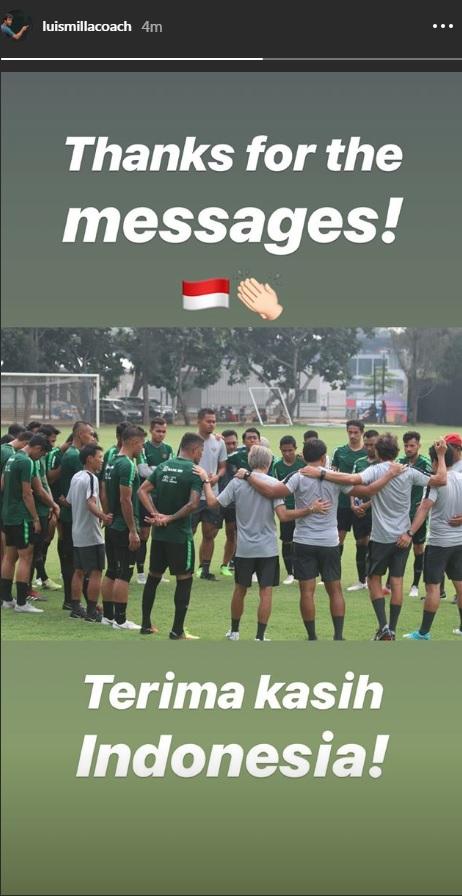 Luis Milla mengucapkan terima kasih kepada publik Indonesia atas dukungannya melalui Instastory. Copyright: Instagram/@luismillacoach