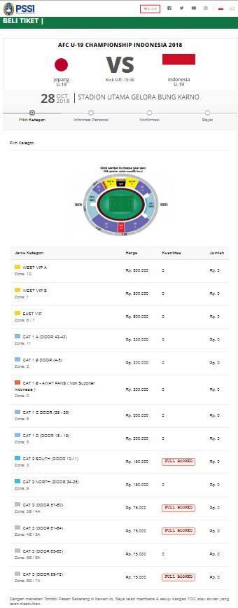 Tiket Jepang U-19 vs Timnas U-19 yang dijual secara online oleh PSSI, beberapa di antaranya sudah penuh. Copyright: PSSI