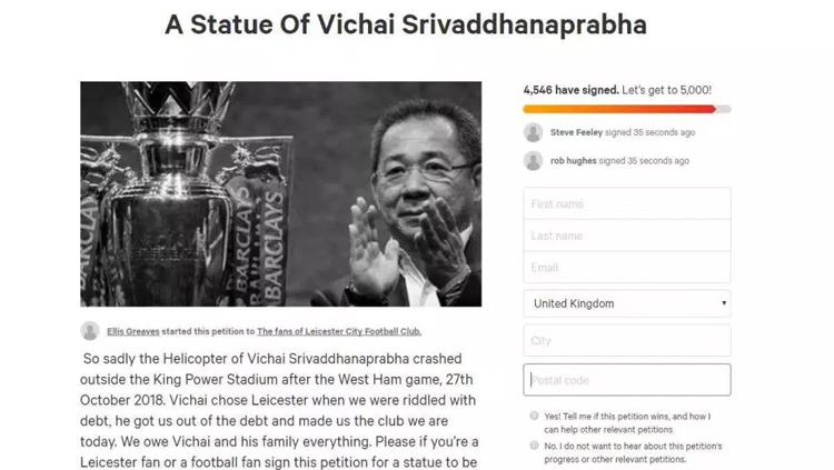 Petisi online untuk pembuatan patung Vichai Srivaddhanaprabha Copyright: The Sun