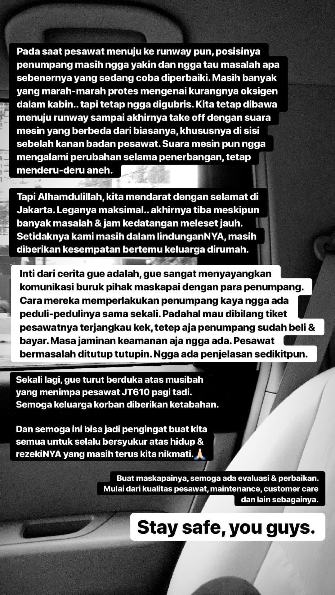 Conchita Caroline membagikan pengalamannya saat menumpangi pesawat Lion Air. Copyright: Instagram.com/conchizzlin