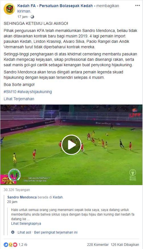 Facebook Kedah FA konfirmasi tidak perpanjang kontrak Andik Vermansah Copyright: Facebook/Kedah FA