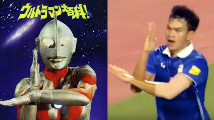 Selebrasi Adisak Kraisorn terinspirasi dari tokoh Ultraman. Copyright: Fox Sport