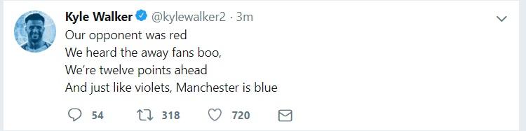 Cuitan Kyle Walker di Twitter tentang Derbi Manchester. Copyright: Twitter