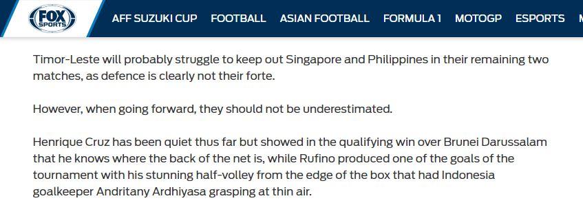 Timor Leste dapat pujian dari media Amerika, Fox Sports. Copyright: foxsportsasia.com