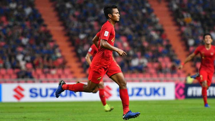 Zulfiandi melakukan selebrasi usai cetak gol ke gawang Thailand Copyright: www.affsuzukicup.com