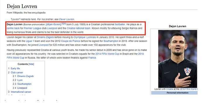 Wikipedia milik Lovren diubah oleh fans Real Madrid dengan kalimat lucu Copyright: The Sun