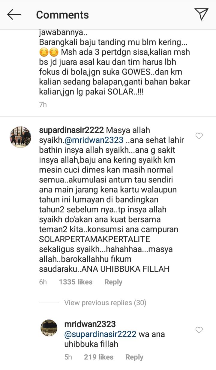 Balasan komentar M Ridwan dan Supardi Nasir soal isu yang menimpa Persib Bandung. Copyright: Instagram/Supardi Nasir