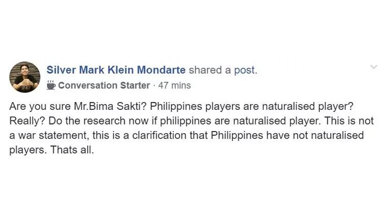 Netizen Filipina yang tak suka dengan pernyataan Bima Sakti tentang pemain naturalisasi. Copyright: Facebook/Fox Sports Asia