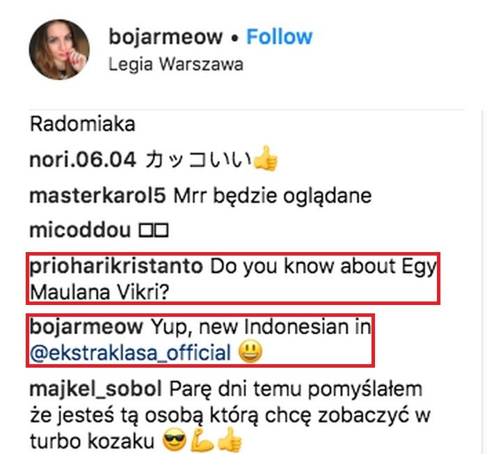 Karolina Bojar menanggapi pertanyaan dari warganet soal Egy Maulana Vikri. Copyright: Instagram/@bojarmeow