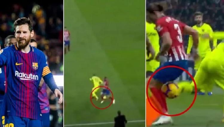 Aksi Lionel Messi mengecoh bek Atletico Madrid Filipe Luis di laga La Liga Spanyol