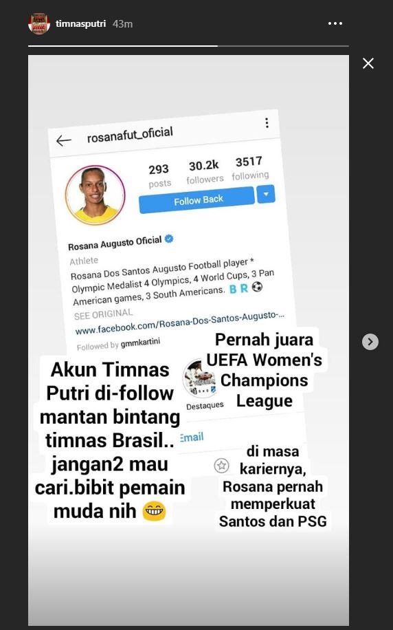 Akun Timnas Putri Indonesia diikuti oleh mantan pemain Timnas Brasil. Copyright: Instagram
