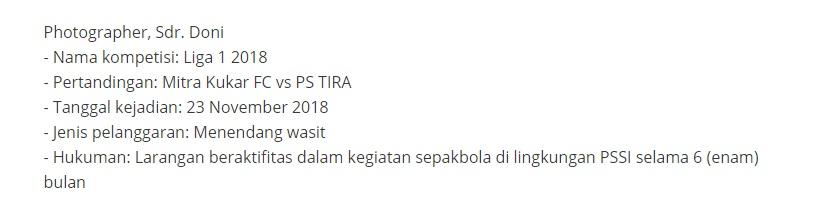 Hasil Sidang Komdis PSSI 29 November 2018 salah satunya menjatuhkan sanksi kepada fotografer, Sdr. Doni. Copyright: pssi.org