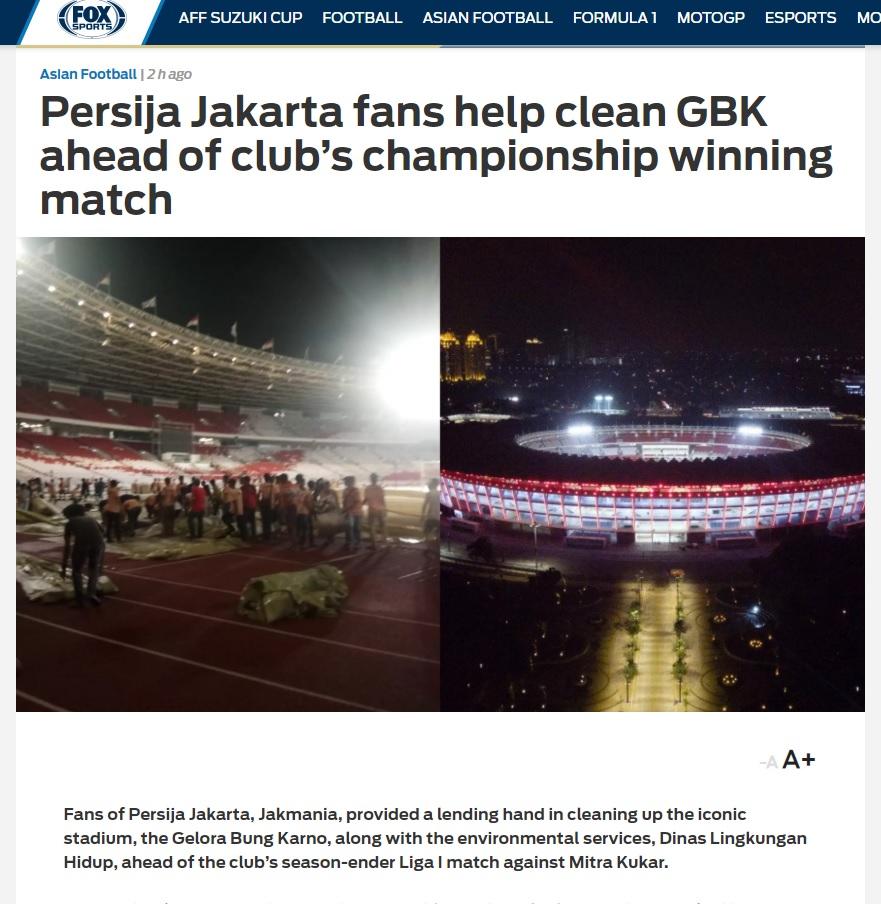 Aksi Jakmania bersih-bersih GBK disorot foxsports. Copyright: foxsportasia