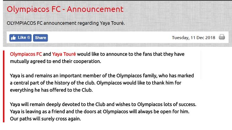 Yaya Toure keluar dari klub Olympiakos Copyright: Olympiacos.org