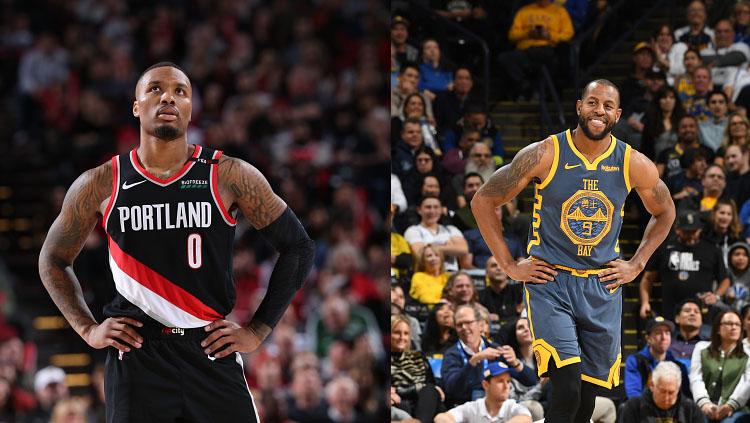 Bintang basket Portland Trail Blazers, Damian Lillard dan Andre Iguodala, bintang basket Golden State Warriors. Copyright: INDOSPORT