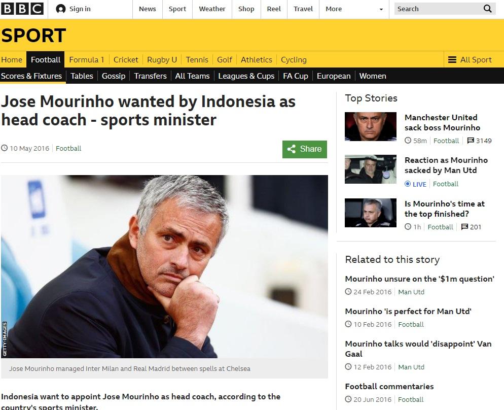 Jose Mourinho dikabarkan diinginkan oleh Timnas Indonesia. Copyright: BBC