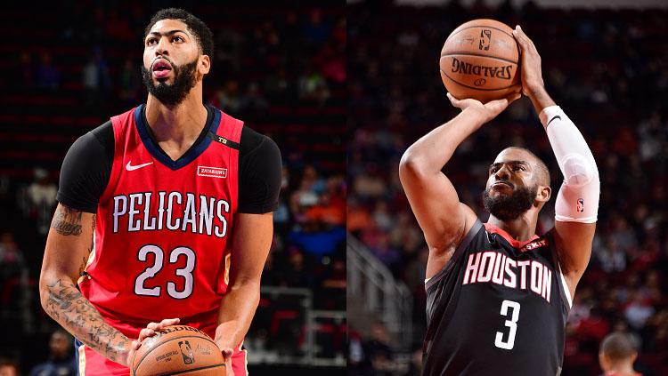 Pemain bintang New Orleans Pelicans, Anthony Davis dan Chris Paul, pemain bintang Houston Rockets. Copyright: INDOSPORT