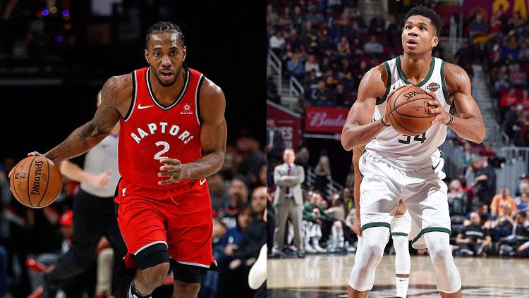 Bintang basket Toronto Raptors, Kawhi Leonard dan Giannis Antetokounmpo, bintang basket Milwaukee Bucks.