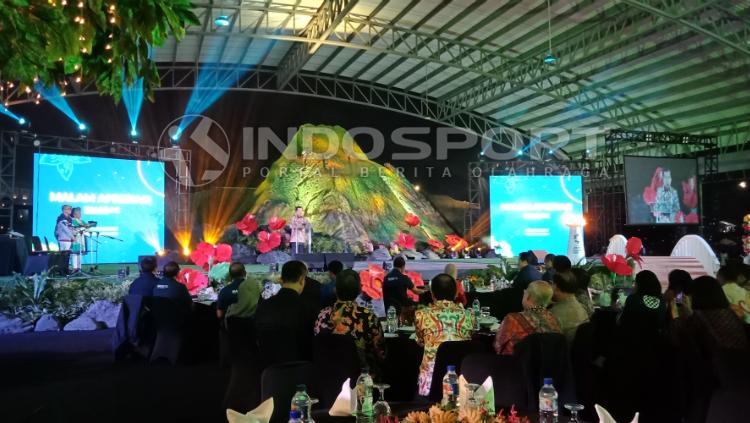 Jusuf Kalla di acara Malam Apresiasi Sponsor dan Karyawan Asian Games 2018 di Jakarta International Equestrian Park, Pulomas, Jakarta, Selasa (18/12/18).