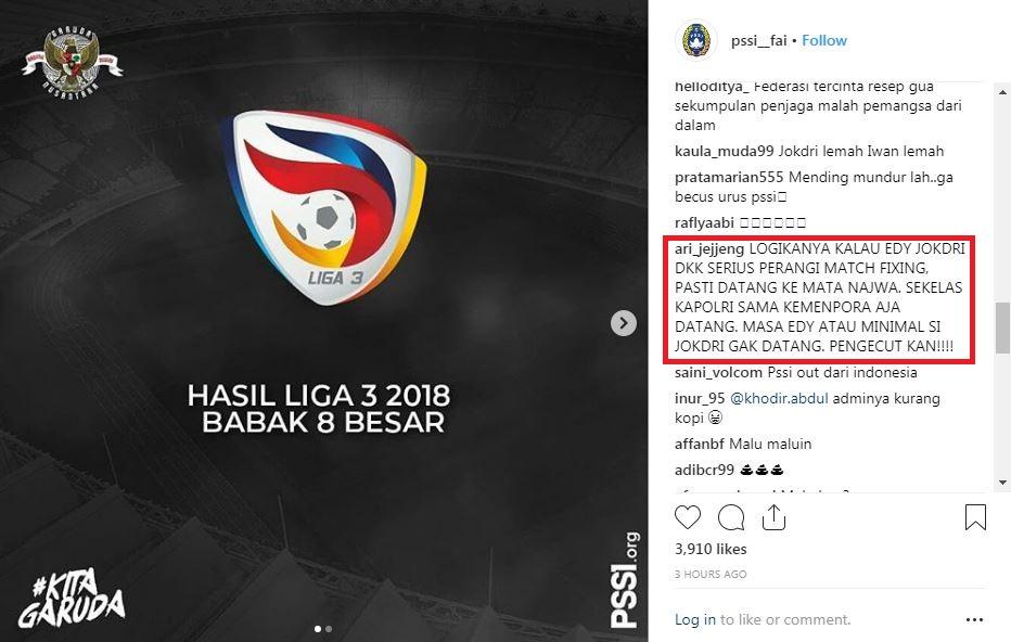 Kolom komentar akun instagram PSSI dipenuhi dengan hujatan terkait pengaturan skor Copyright: Instagram.com/pssi