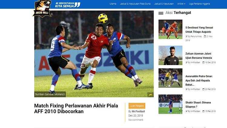 Media Malaysia, inikanbola.my, menyoroti pembahasan dugaan pengaturan skor di final Piala AFF 2010. Copyright: inikanbola.my