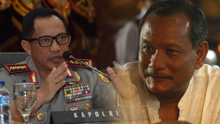 Ilustrasi Kapolri Tito Karnavian (kiri) dan terduga pelaku match fixing Liga Indonesia Vigit Waluyo (kanan).