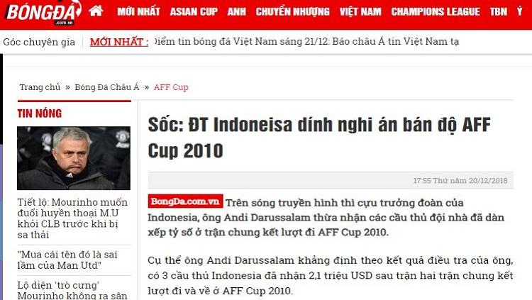 Pemberitaan media Vietnam soal pengaturan skor final Piala AFF 2018. Copyright: Bongda.vn