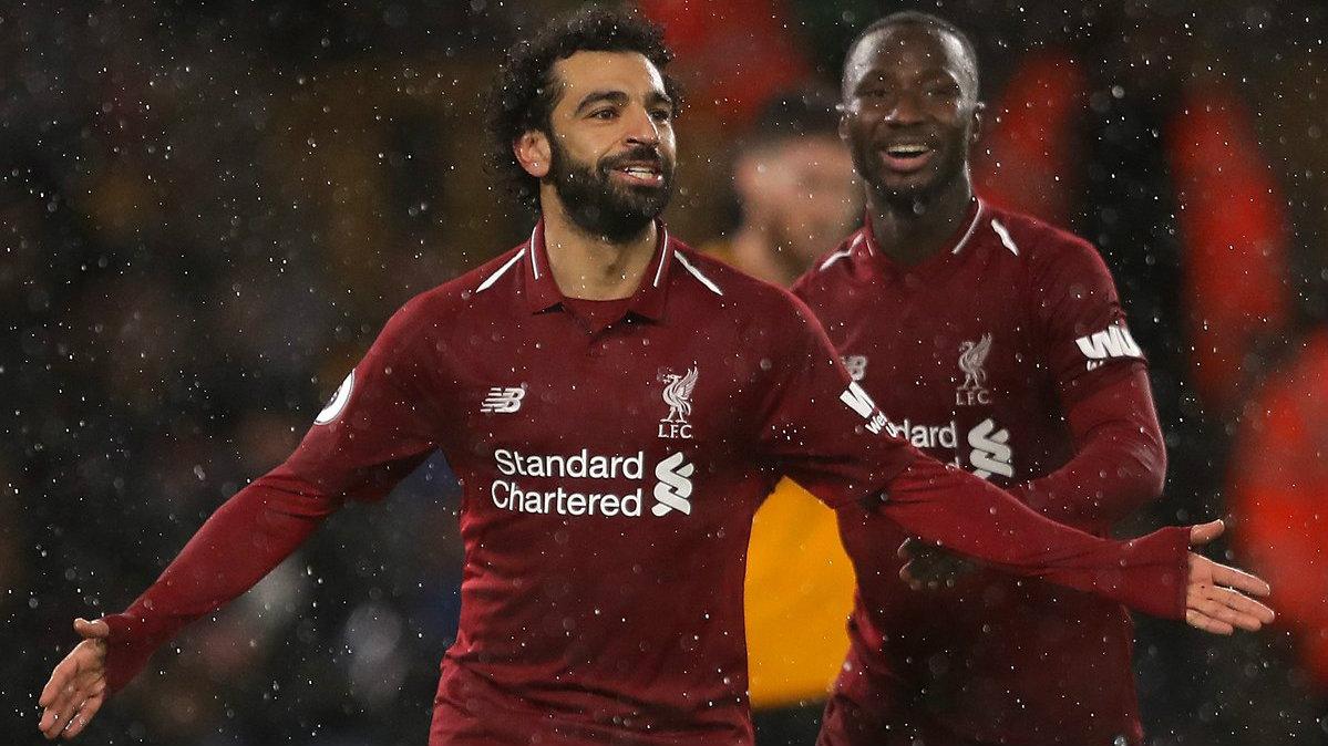 Selebrasi Mohamed Salah usai cetak gol ke gawang Wolves, Sabtu (22/12/18).