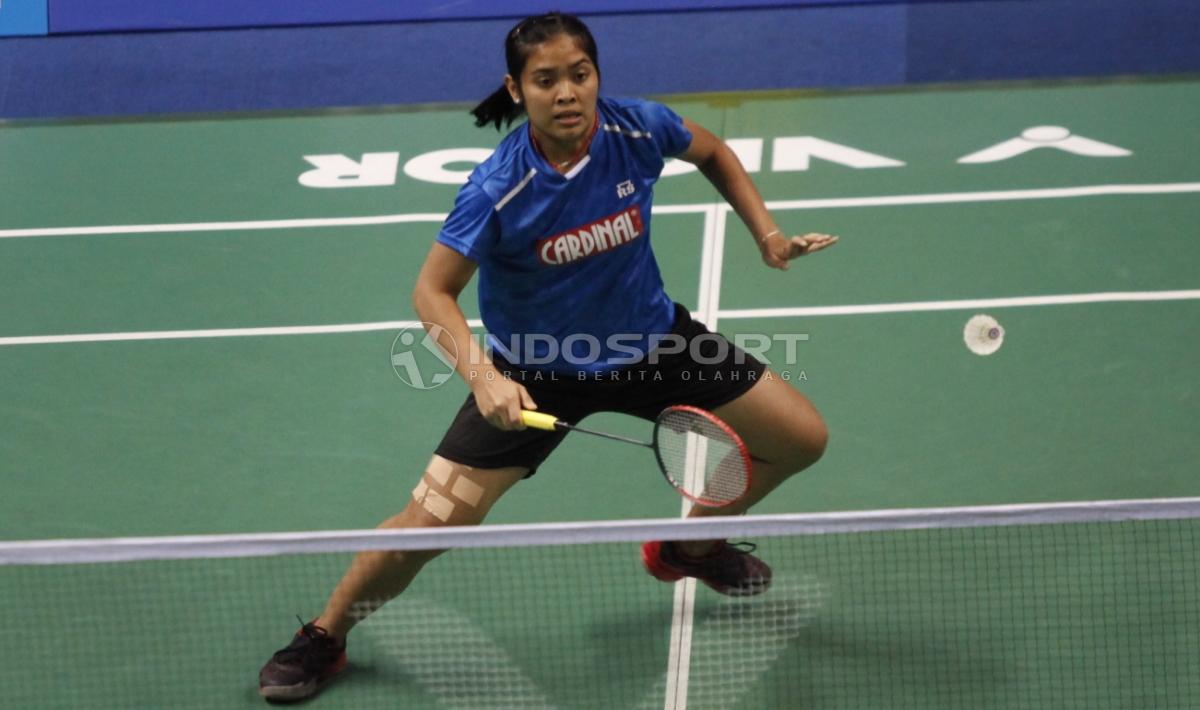 Pemain Mutiara Cardinal, Gregoria Marizka saat tampil pada babak final Kejurnas Beregu Campuran PBSI 2018.