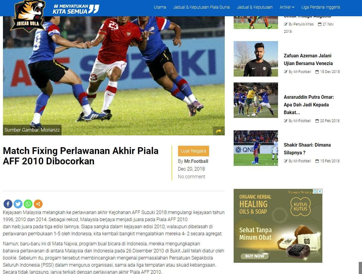 Media Malaysia memberitakan mengenai isu pengaturan skor di final Piala AFF 2010. Copyright: inikanbola.my