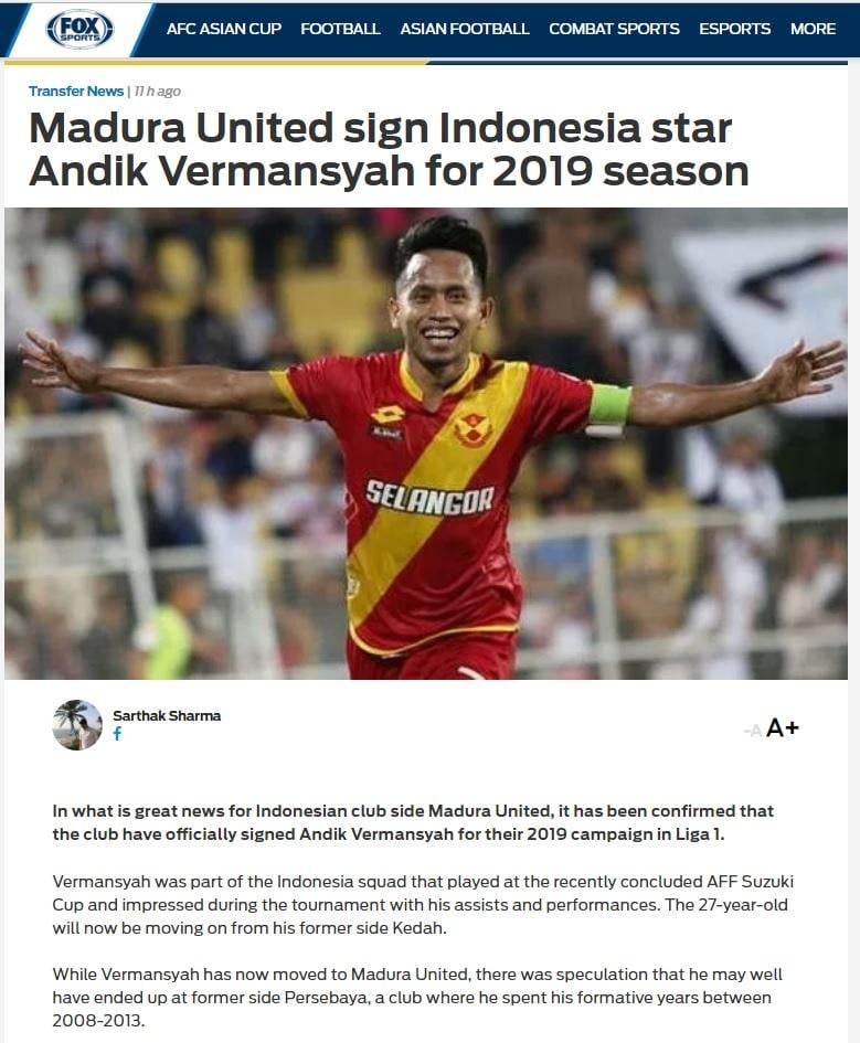 Media Asing Soroti Kepindahan Andik ke Madura United Copyright: FoxSports