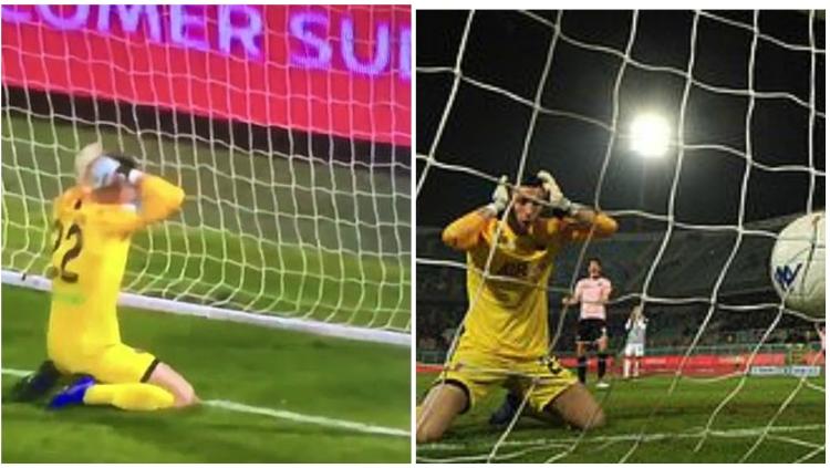 Ekspresi Filippo Perucchini setelah bola masuk ke gawangnya.