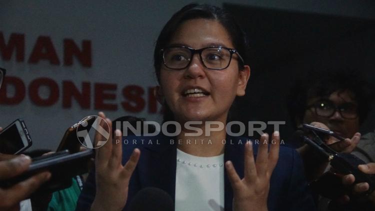 Sekjen PSSI, Ratu Tisha saat memberikan komentar mengenai kelanjutan masalah pengaturan skor.
