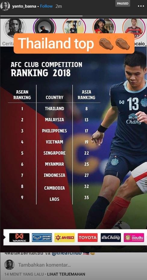 Instastory Yanto Basna soal Rangking Liga Thailand Copyright: Instagram/Yanto Basna