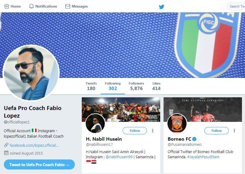 Fabio Lopez terlihat follow Twitter Borneo FC dan Nabil Husein. Copyright: twitter.com/officiallopez1