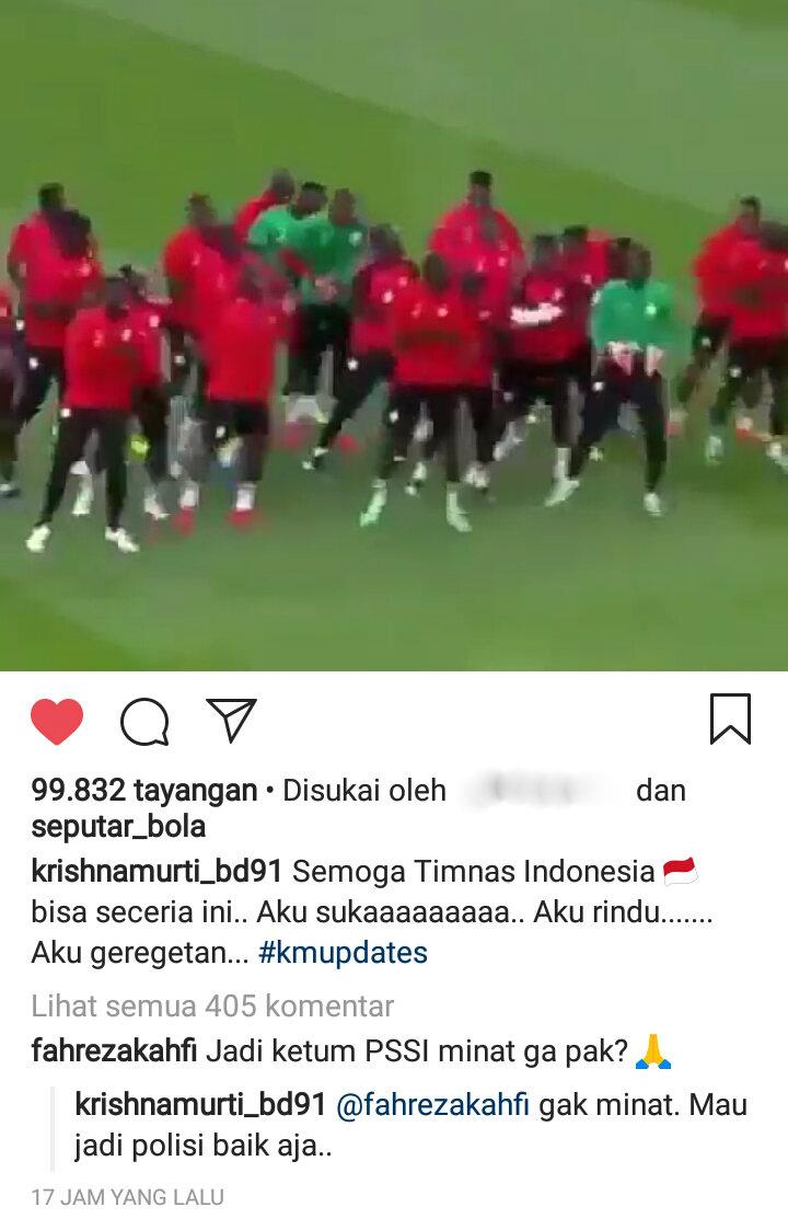 Jawaban Krishna Murti saat ditayai mengenai peluang menajdi Ketua Umum PSSI. Copyright: instagram/Krishna Murti