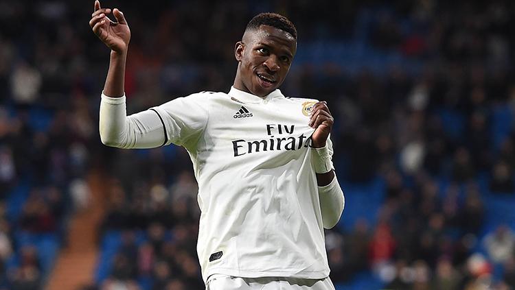Vinicius Junior melakukan selebrasi usai cetak gol pada laga 16 besar Copa del Rey Real Madrid melawan Leganes di Santiago Bernabeu 09/01/19.