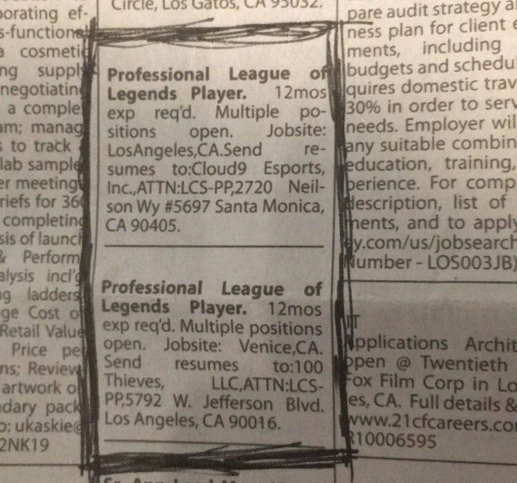 Lowongan gamers profesoinal LoL yang dimuat di surat kabar Amerika Serikat. Copyright: foxsportsasia.com