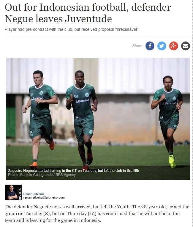 Media Brasil wartakan bek Juventude, Neguete akan segera merapat ke sepak bola Indonesia Copyright: http://pioneiro.clicrbs.com.br