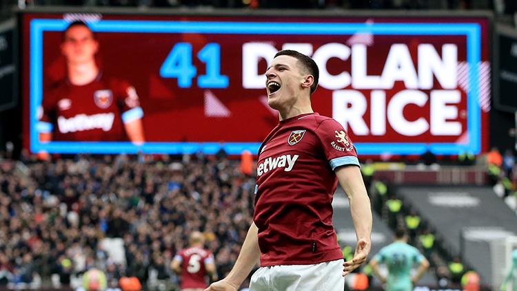 Declan Rice melakukan selebrasi setelah berhasil mencetak gol pada menit ke-48 ke gawang Arsenal