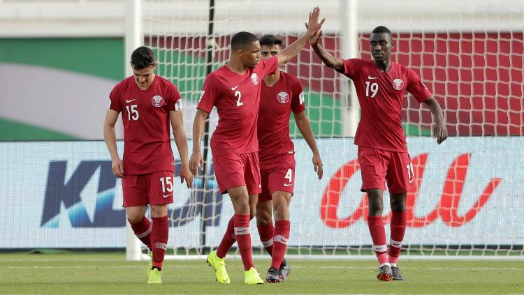 Pemain Qatar Merayakan Golnya di Piala Asia 2019