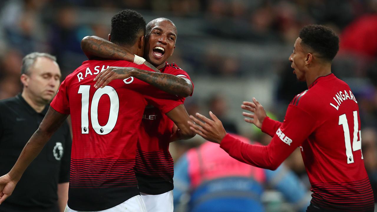 Selebrasi Marcus Rashford dan Ashley Young (Manchester United) saat merayakan gol. Copyright: Indosport.com